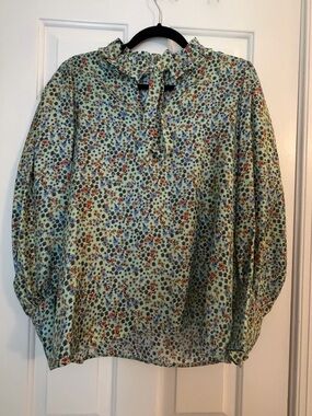 Sandro Mint Green Floral Ruffle-Neck Blouse with Tie